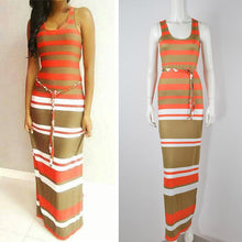 Women's Boho Long Maxi Dress Sleeveless O Neck Evening Party Beach Striped Dresses Sundress PY3