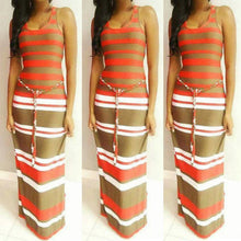 Women's Boho Long Maxi Dress Sleeveless O Neck Evening Party Beach Striped Dresses Sundress PY3