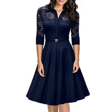 Women's Vintage 1950s Style Black Blue Lace Dress 3/4 Sleeve Flare A-line Dresses