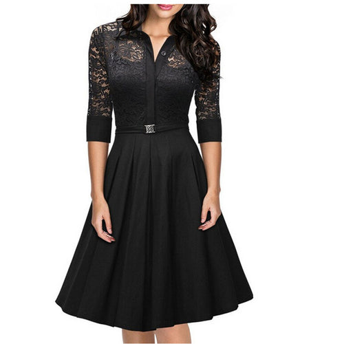 Women's Vintage 1950s Style Black Blue Lace Dress 3/4 Sleeve Flare A-line Dresses
