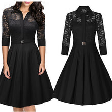 Women's Vintage 1950s Style Black Blue Lace Dress 3/4 Sleeve Flare A-line Dresses