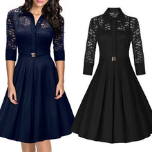 Women's Vintage 1950s Style Black Blue Lace Dress 3/4 Sleeve Flare A-line Dresses