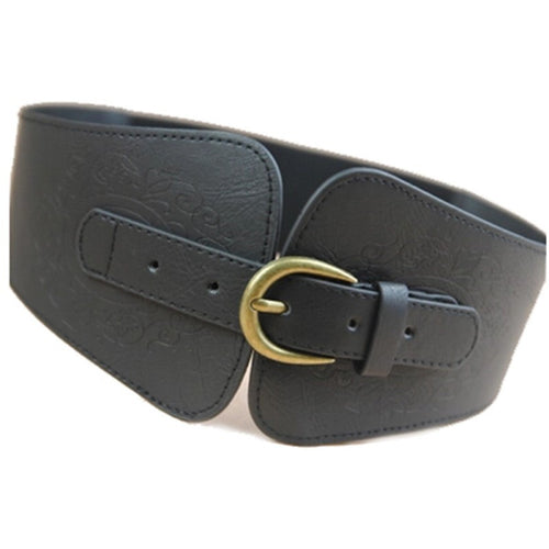 Womens Retro Totem PU Leather Buckle Wide Waist Belt Stretch Corset Waistband